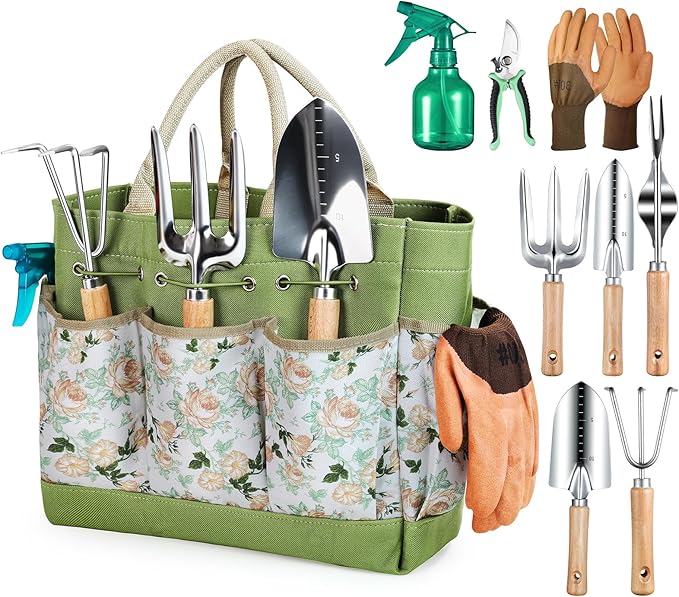 Grenebo Gardening Tools 9-Piece Heavy Duty Garden Hand Tools with Organizer Handbag